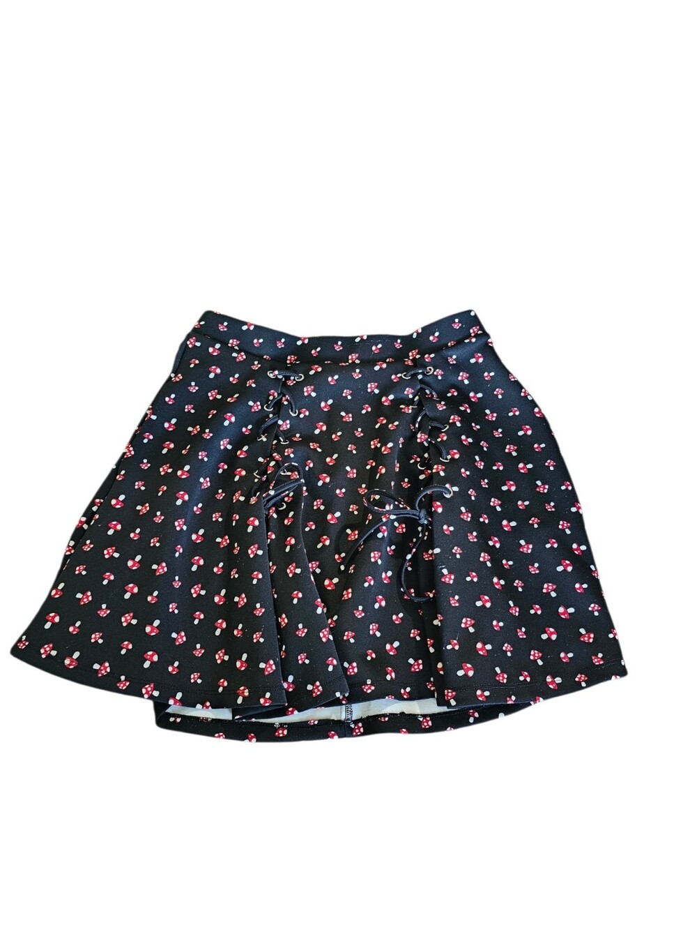 Hot Topic Black Skater Skirt with Mushroom Print and Lace-Up Detail